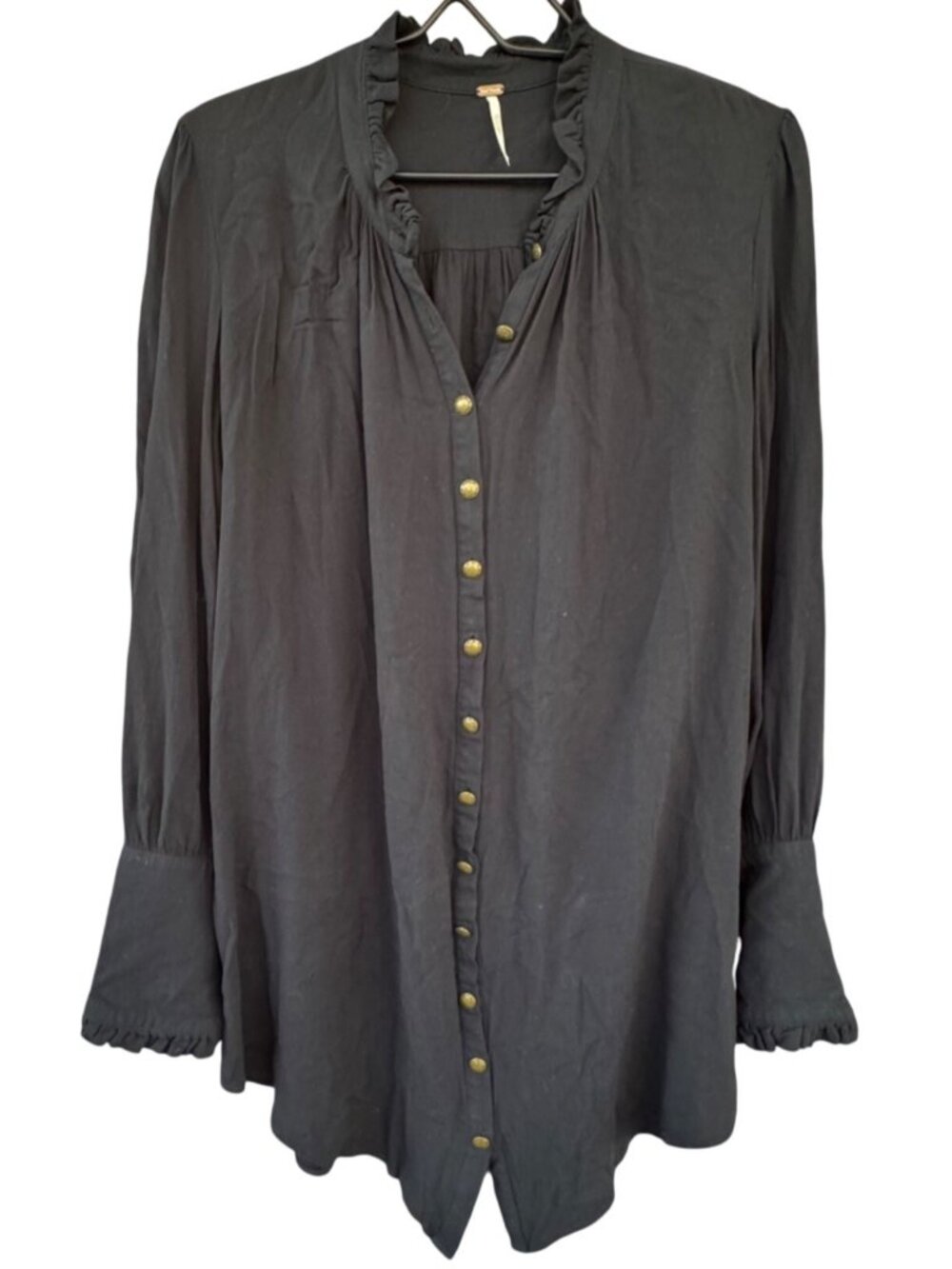 Free People Womens Medium Black Long Sleeve Button Up Ruffle Tunic Blouse Top